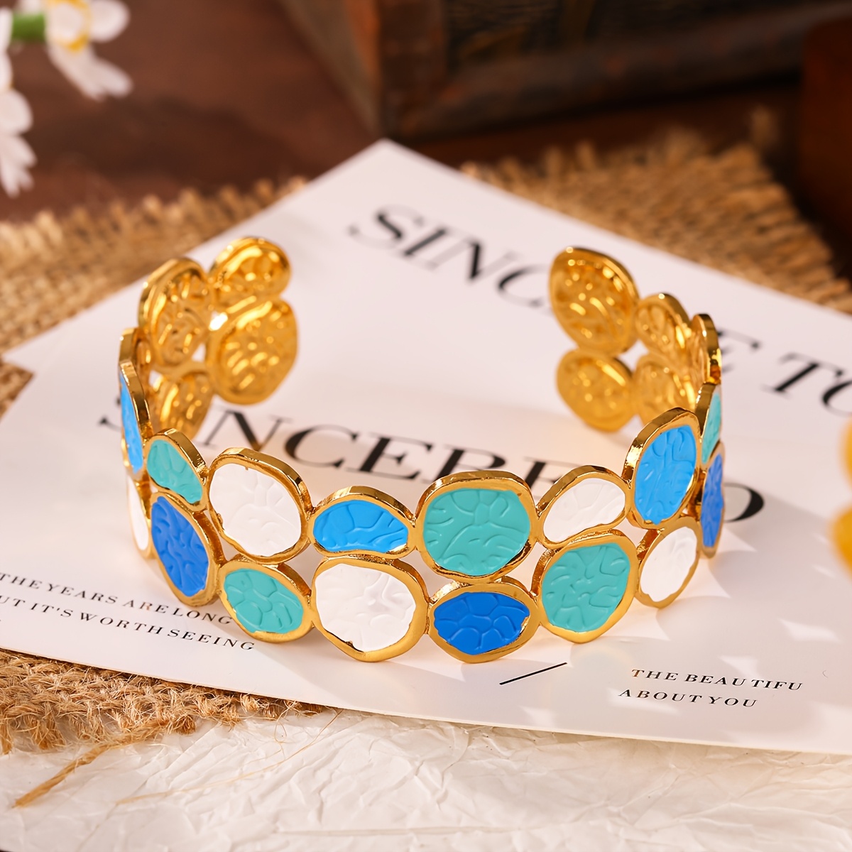Women's Irregular Round Disc Color Block Enamel Open Cuff Bangle